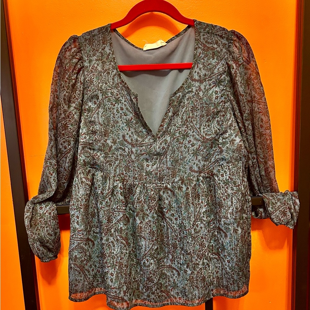 Lucky Brand Green Paisley V-Neck Peasant Top